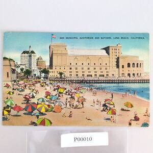 Vintage 1942 Linen Postcard Municipal Auditorium & Bathers Long Beach California